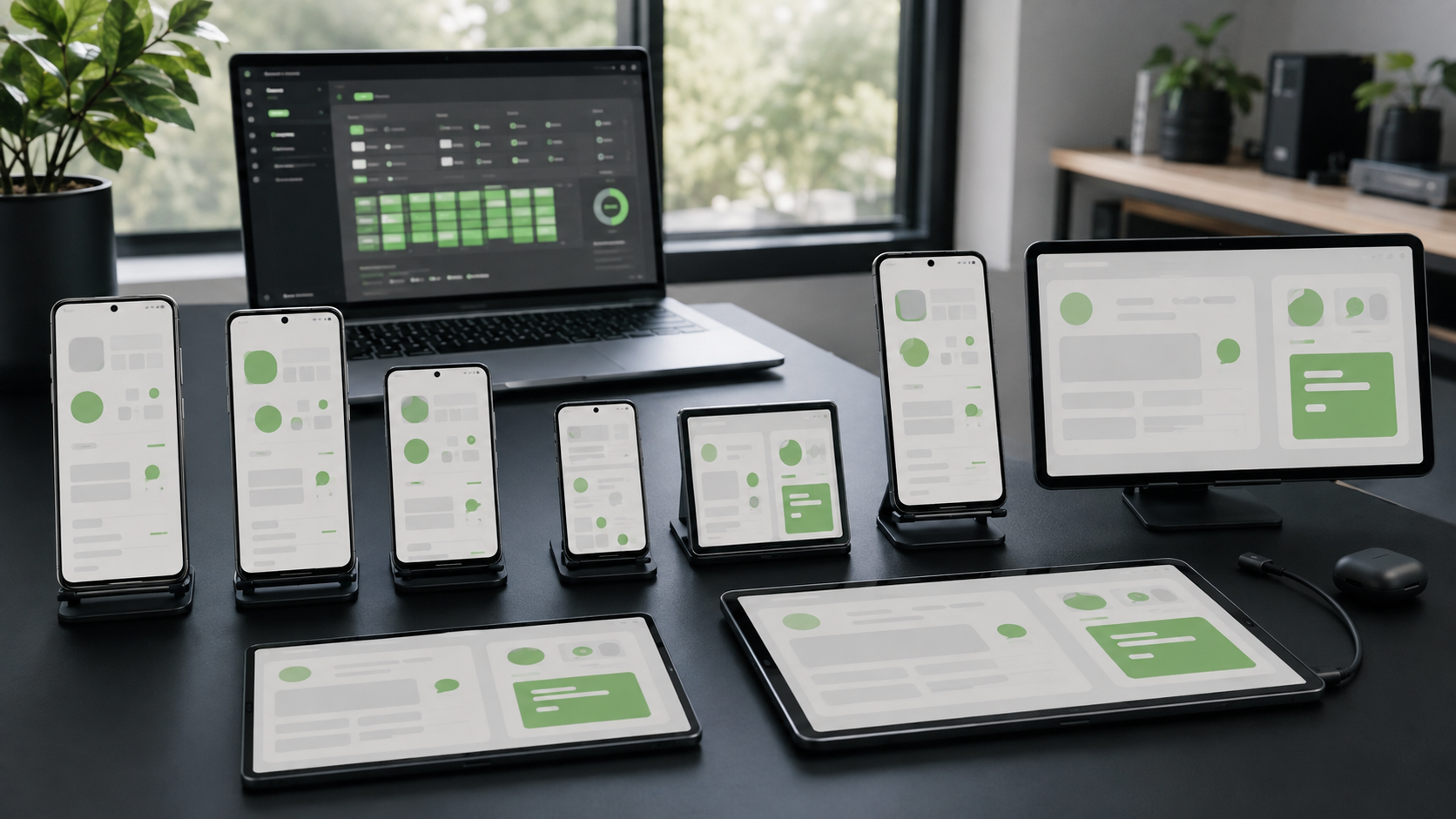 Android device testing workspace with varied phones and tablets